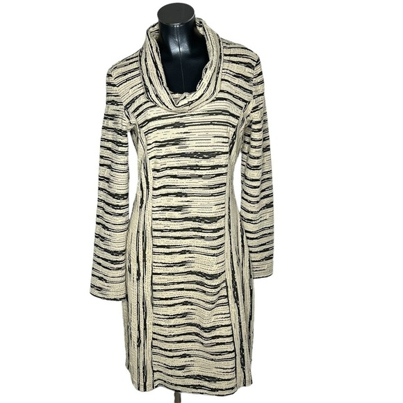 DZHAVAEL COUTURE Black Tan Stripe Detachable Cowl Neck Dress Size L - Picture 4 of 16
